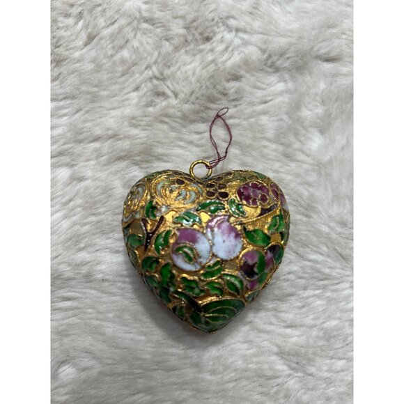 Vintage Cloisonné Heart Shaped Ornament With Floral Design - Picture 2 of 4